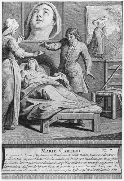Miraculous healing of a blind woman, Marie Carteri, on the tomb of Deacon Francois de Paris at the parish cemetery Saint-Medard in Paris, engraved by Pieter Yver by French School